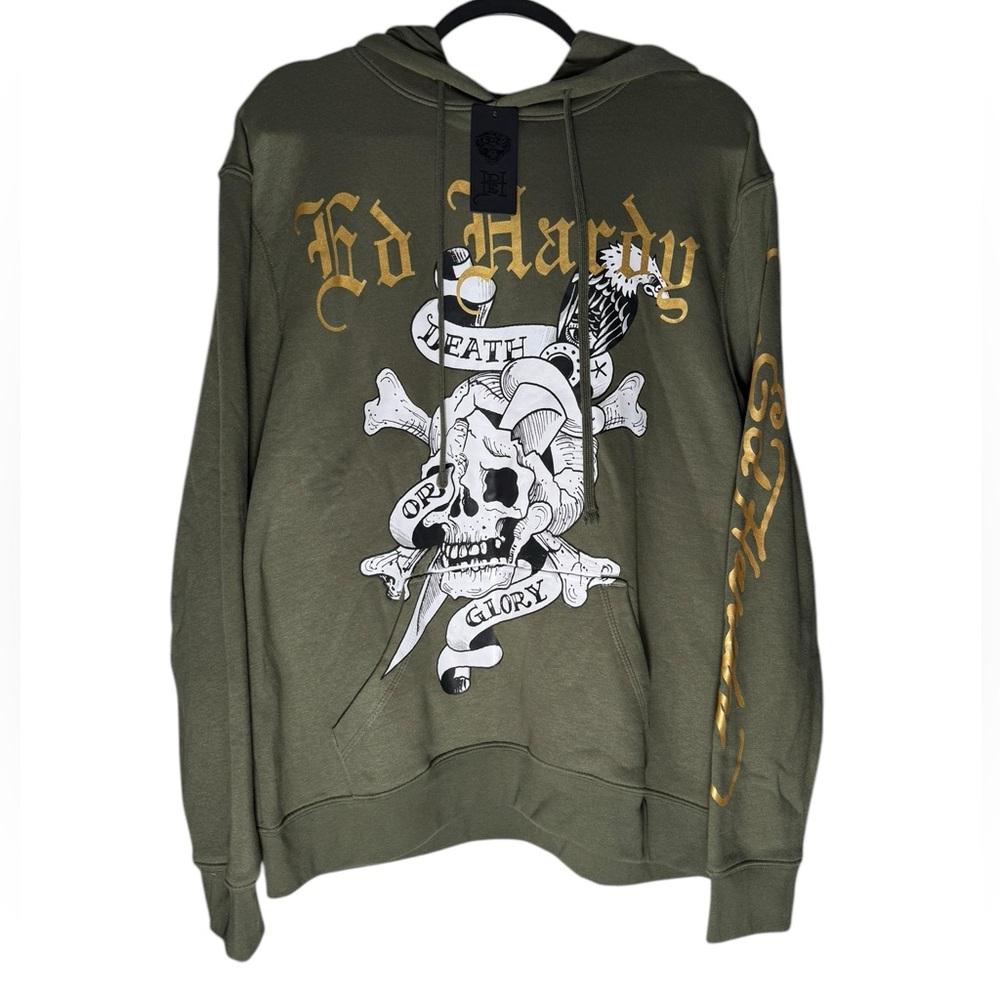 Ed Hardy Skull Crossbone Pullover Sweatshirt hoodie Mens Large Olive Green NWT